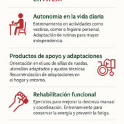Infografía sobre cómo ayuda la terapia ocupacional en Esclerosis Múltiple: autonomía, adaptaciones, rehabilitación y participación social